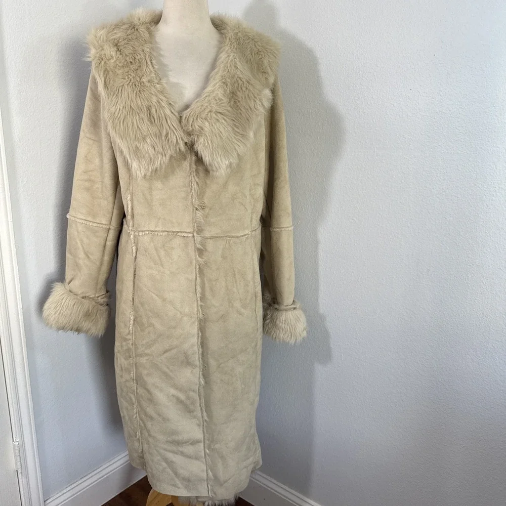 Luxe Penny Lane Trench Coat Women XL Faux Suede Fur Mobwife Glam Afghan‎ Y2K 90s